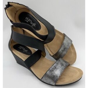 Euro Soft By Sofft Wmn's Sz 11 Black & Pewter, Back Zip Wedge Sandal‎